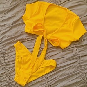 ON TREND Yellow Tie Top Ribbed Bikini High Cut Btm